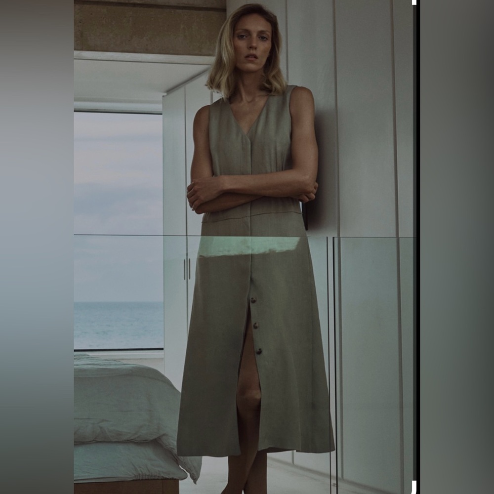 Zara Olive Green Linen Ringed Button Front Midi Dress